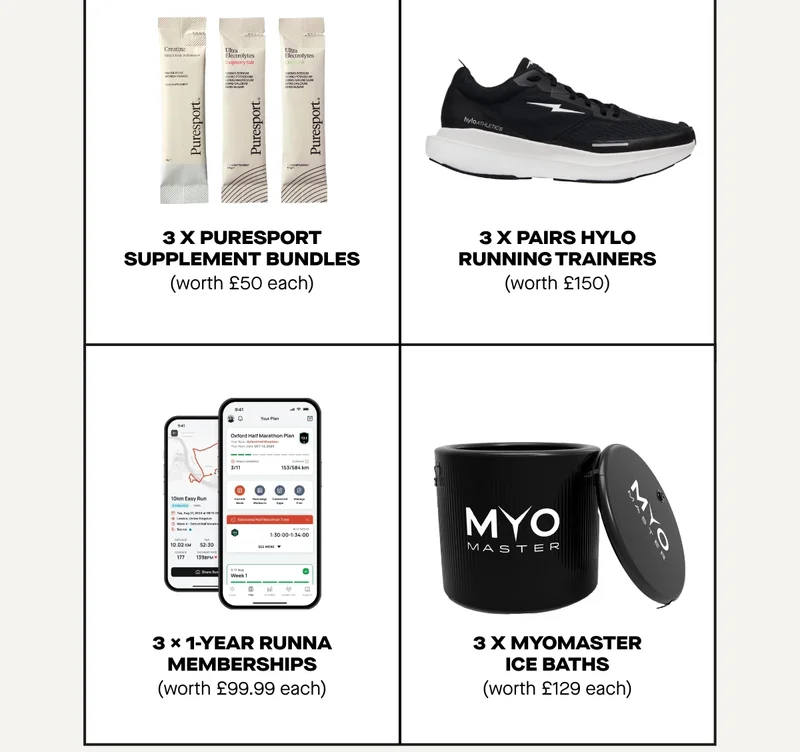 We’re giving away. 3 x MyoMaster ice baths (worth £129 each)  3 x 1-year Runna memberships (worth £99.99 each)  3 x pairs Hylo running trainers (worth £150)  3 x Puresport supplement bundles (worth £50 each)