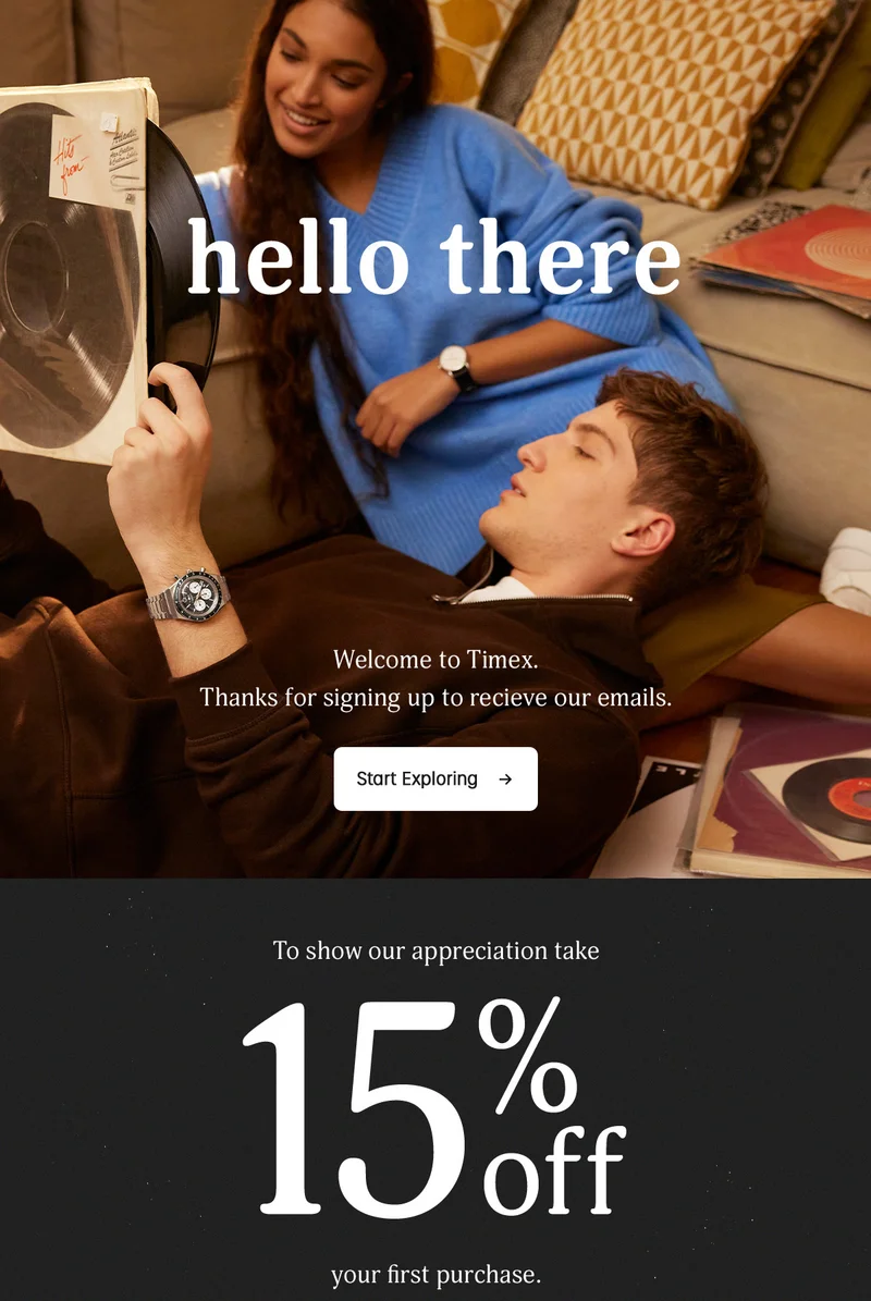 hello there | Welcome to Timex. | Thanks for signing up to receive our emails. | Start Exploring | To show our appreciation take 15% off your first purchase.