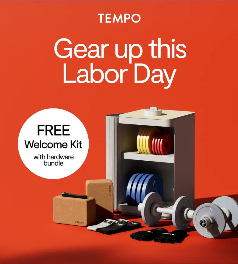 image preview of tempo move gym and the free welcome kit with text saying:"Gear up this Labor Day, free welcome kit with hardware bundle"