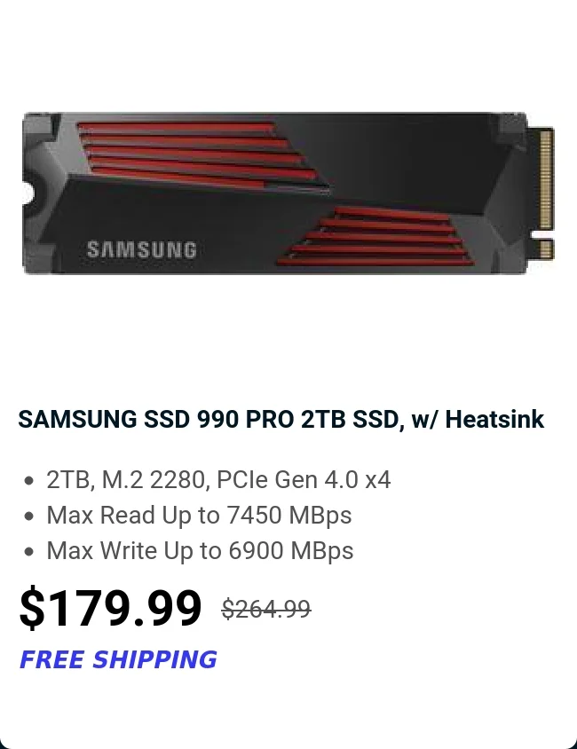 SAMSUNG SSD 990 PRO 2TB SSD, w/ Heatsink
