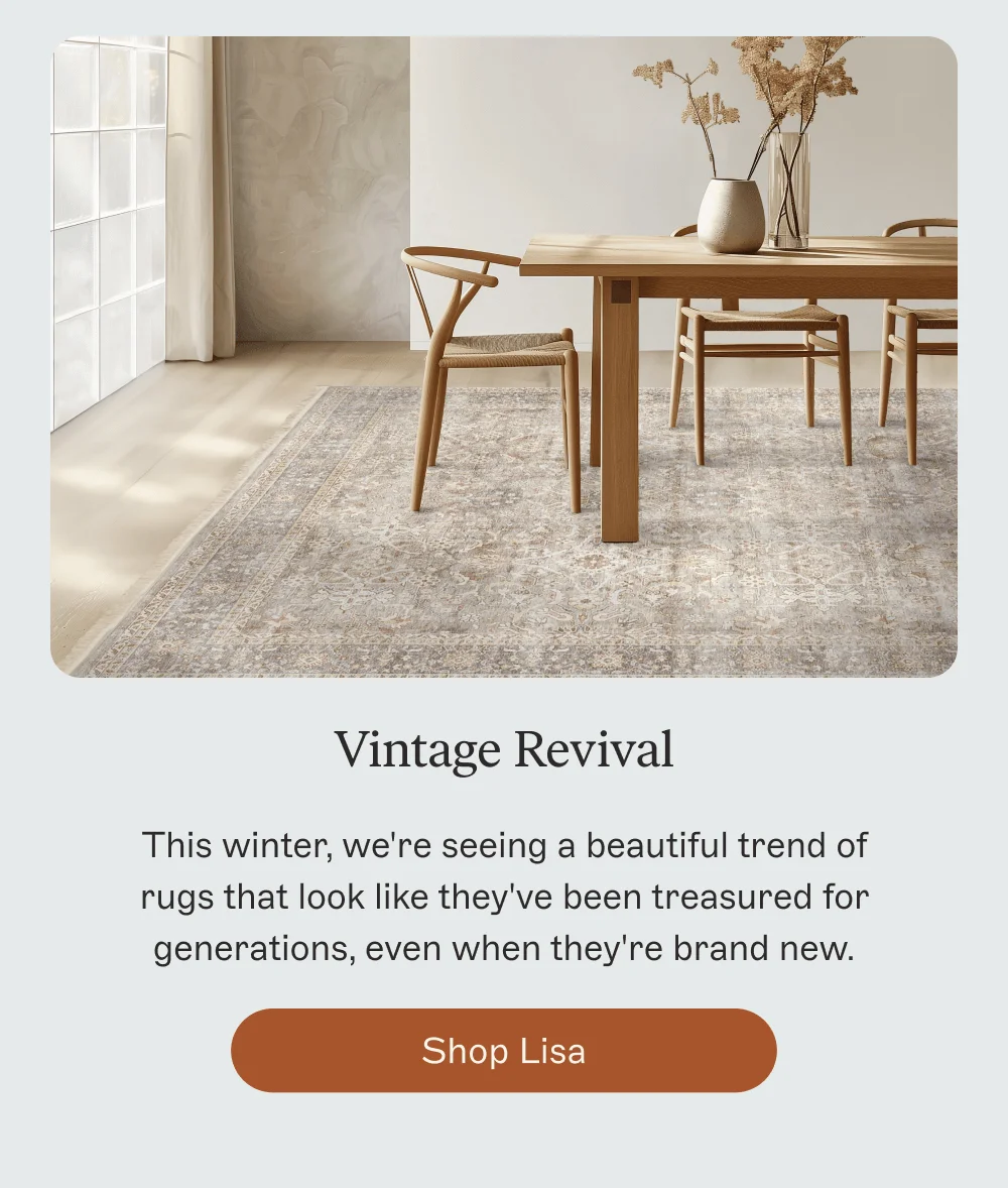 Vintage Revival This winter, we're seeing a beautiful trend of rugs that look like they've been treasured for generations, even when they're brand new. [ Shop Lisa ]