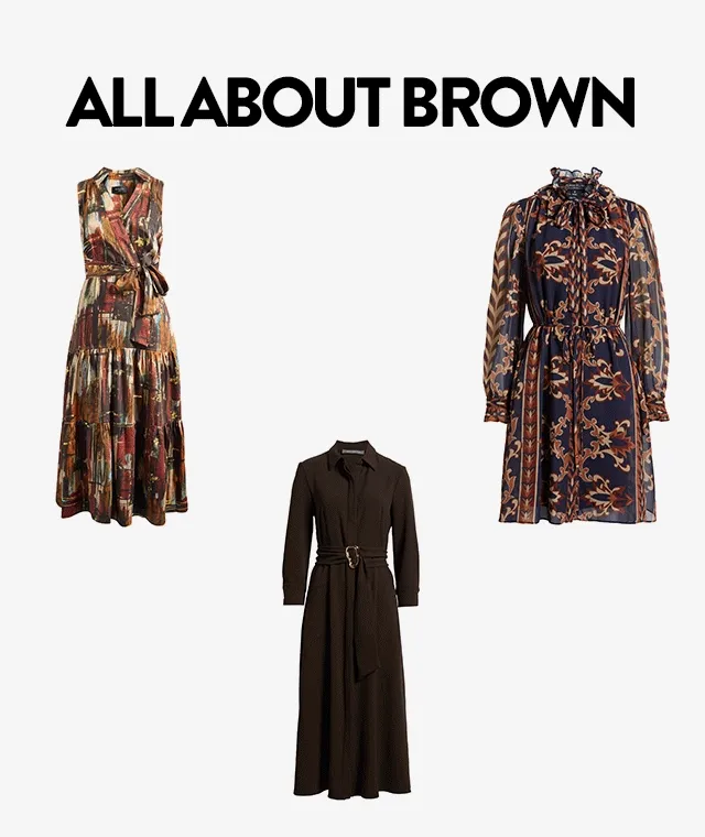 Brown dresses: a faux-suede midi dress, patterned shirtdress, wrap dress, plaid shirtdress, belted shirtdress and tie-neck shirtdress.