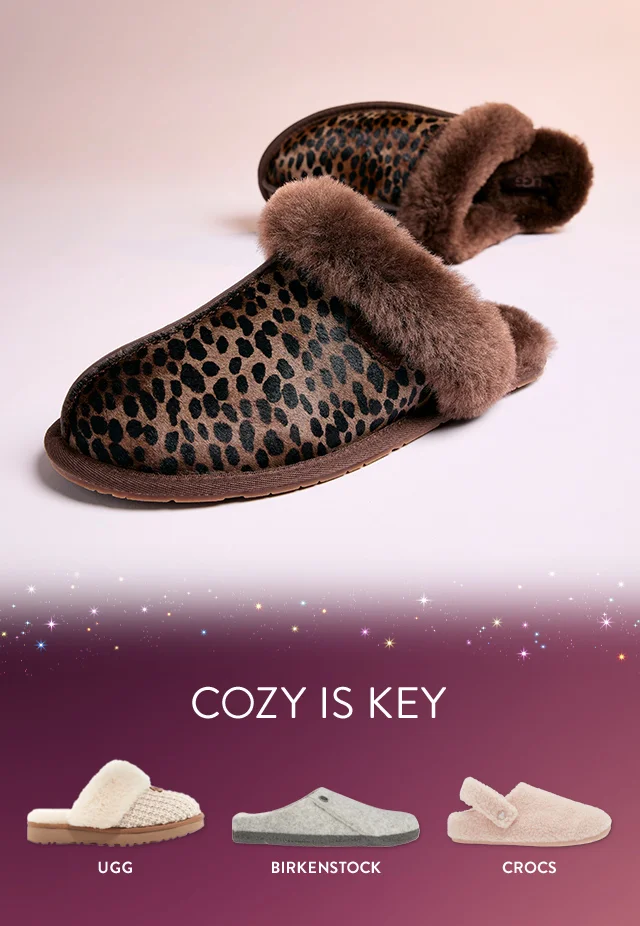 Animal-print slippers. A cream slipper with shearling trim. A grey slipper. A cream fleece slipper.