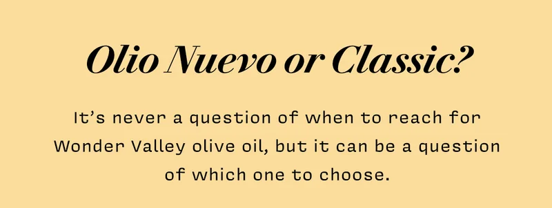 Olio Nuevo or Classic?  It’s never a question of when to reach for Wonder Valley olive oil, but it can be a question  of which one to choose.