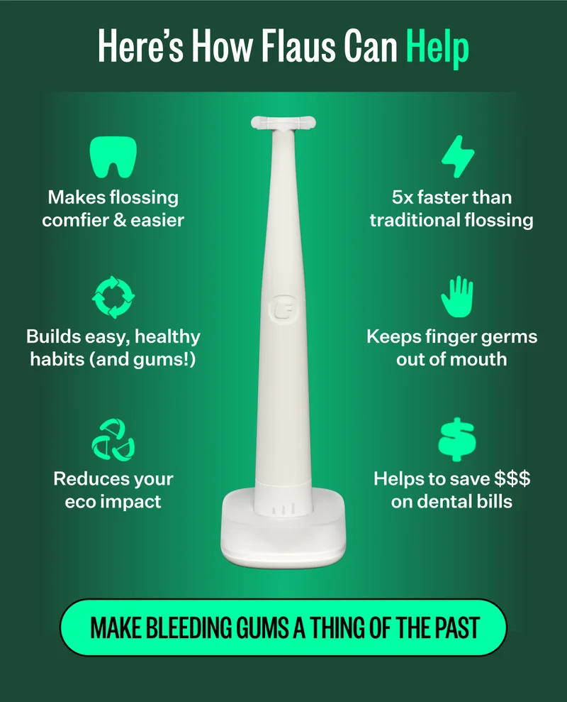 Here's How Flaus Can Help | Make flossing comfier & easier | Builds easy, healthy habits (and gums!), Reduces your eco impact, 5x faster than traditional flossing, Keeps finger germs out of mouth, Helps to save $$$ on dental bills | Make Bleeding Gums a Thing of The Past