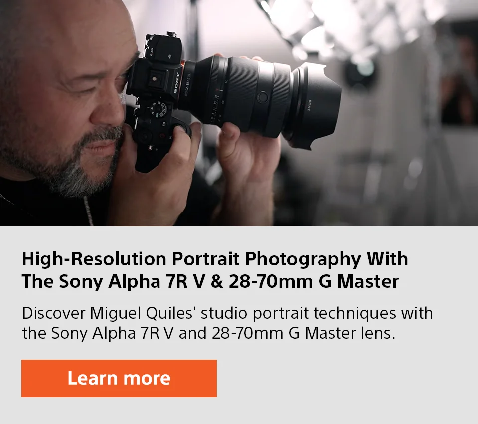High-Resolution Portrait Photography With The Sony Alpha 7R V and 28-70mm G Master lens. | Discover Miguel Quiles' studio portrait techniques with the Sony Alpha 7R V and 28-70mm G Master lens. | Learn more