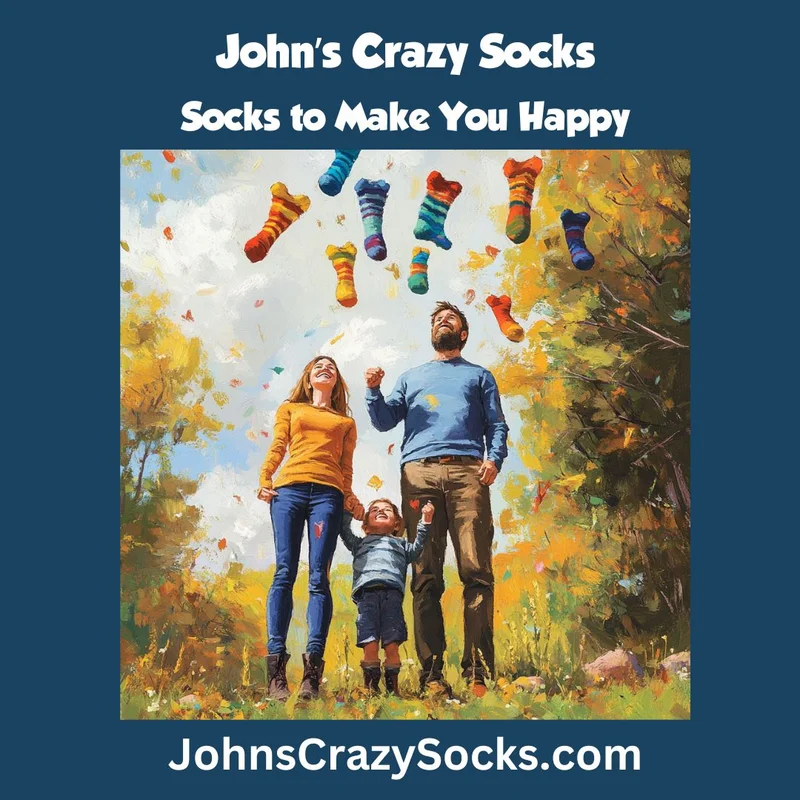 Colorful socks raining down on a happy family