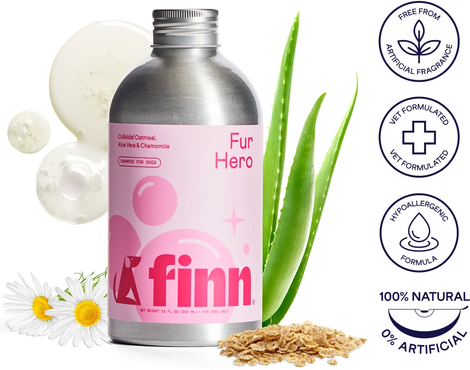 Fur Hero shampoo with badges: free from artificial fragrance, vet formulated, hypoallergenic formula, 100% natural