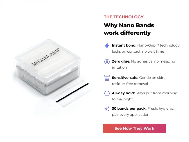 The Technology: Why Nano Bands work differently. Instant bond with Nano-Grip™ technology, zero glue, sensitive-safe, all-day hold, 30 bands per pack. See How They Work.
