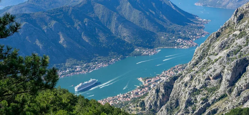 Cruise ship sailing through the bay of kotor in montenegro