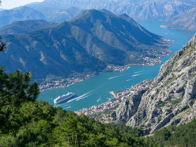 Cruise ship sailing through the bay of kotor in montenegro