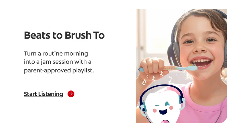 Smiling young girl in a pink shirt wearing headphones and holding a toothbrush. To her right, the Colgate mascot Toothie also wears headphones with musical notes rising above. Ad text reads: Beats to Brush To. Turn a routine morning into a jam session with a parent-approved playlist. Start listening.