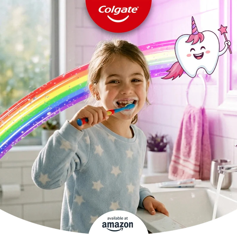 Young girl in pajamas brushing her teeth with a unicorn version of the Toothy mascot creating a rainbow arc behind her. The Colgate logo appears above, and ‘Available at Amazon’ appears below.