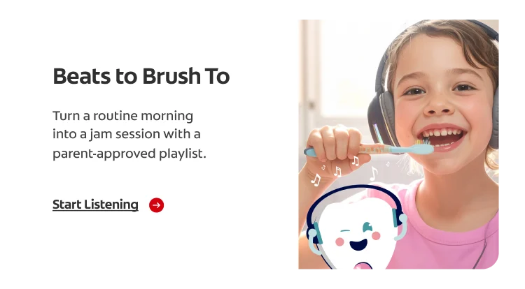Smiling young girl in a pink shirt wearing headphones and holding a toothbrush. To her right, the Colgate mascot Toothie also wears headphones with musical notes rising above. Ad text reads: Beats to Brush To. Turn a routine morning into a jam session with a parent-approved playlist. Start listening.
