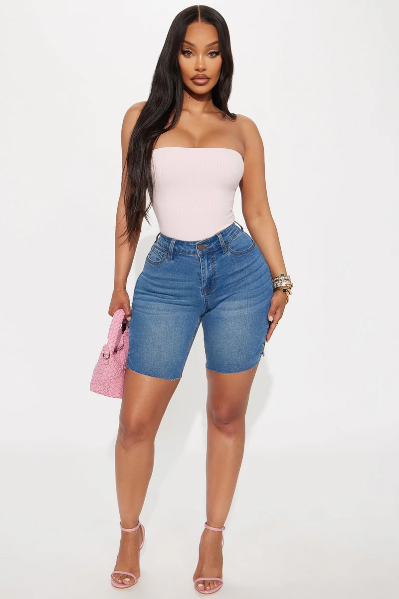 Image of Vibe Check Curvy Bermuda Denim Shorts - Medium Wash