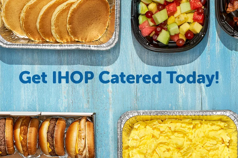 Images of pancakes, fruit salad, burgers, and scrambled eggs in catering tins.