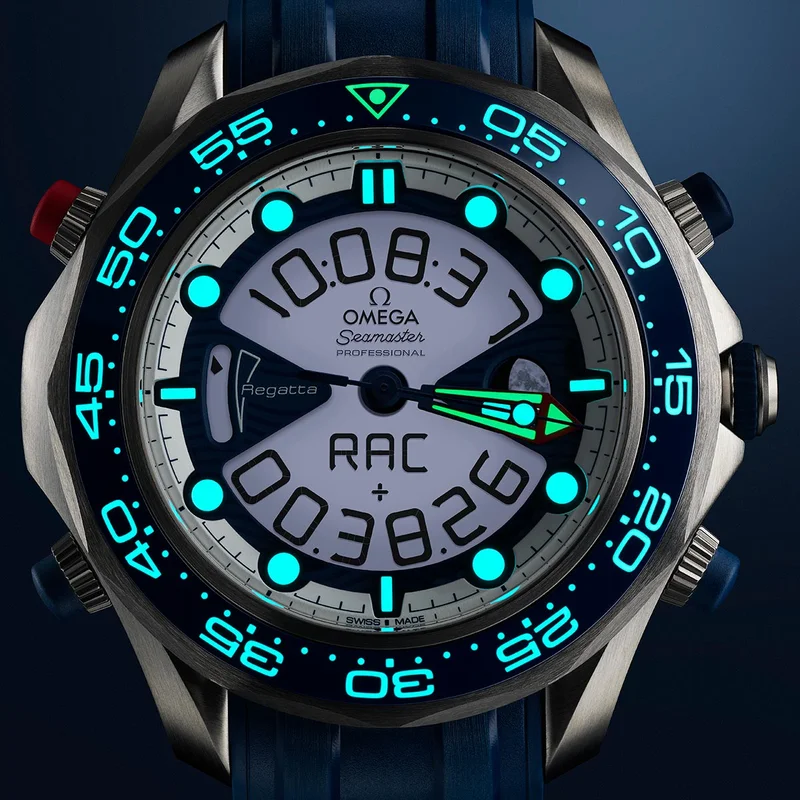 Glowing numbers and hour markers.
