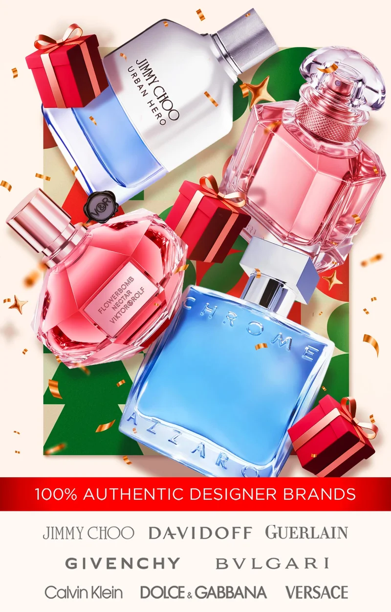 Confetti is scattered around top perfume and cologne bottles during holiday savings
