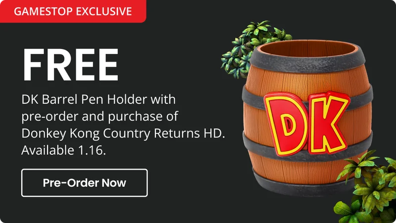 GAMESTOP EXCLUSIVE FREE DK Barrel Pen Holder with pre-order and purchase of Donkey Kong Country Returns HD. Available 1.16. Pre-Order Now