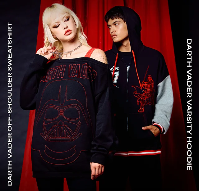 Products Shown - Darth Vader Off-Shoulder Sweatshirt And Varsity Hoodie