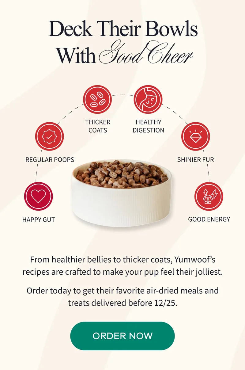 Deck Their Bowls With Good Cheer | From healthier bellies to thicker coats, Yumwoof’s recipes are crafted to make your pup feel their jolliest. Order today to get their favorite air-dried meals and treats delivered before 12/25. | ORDER NOW
