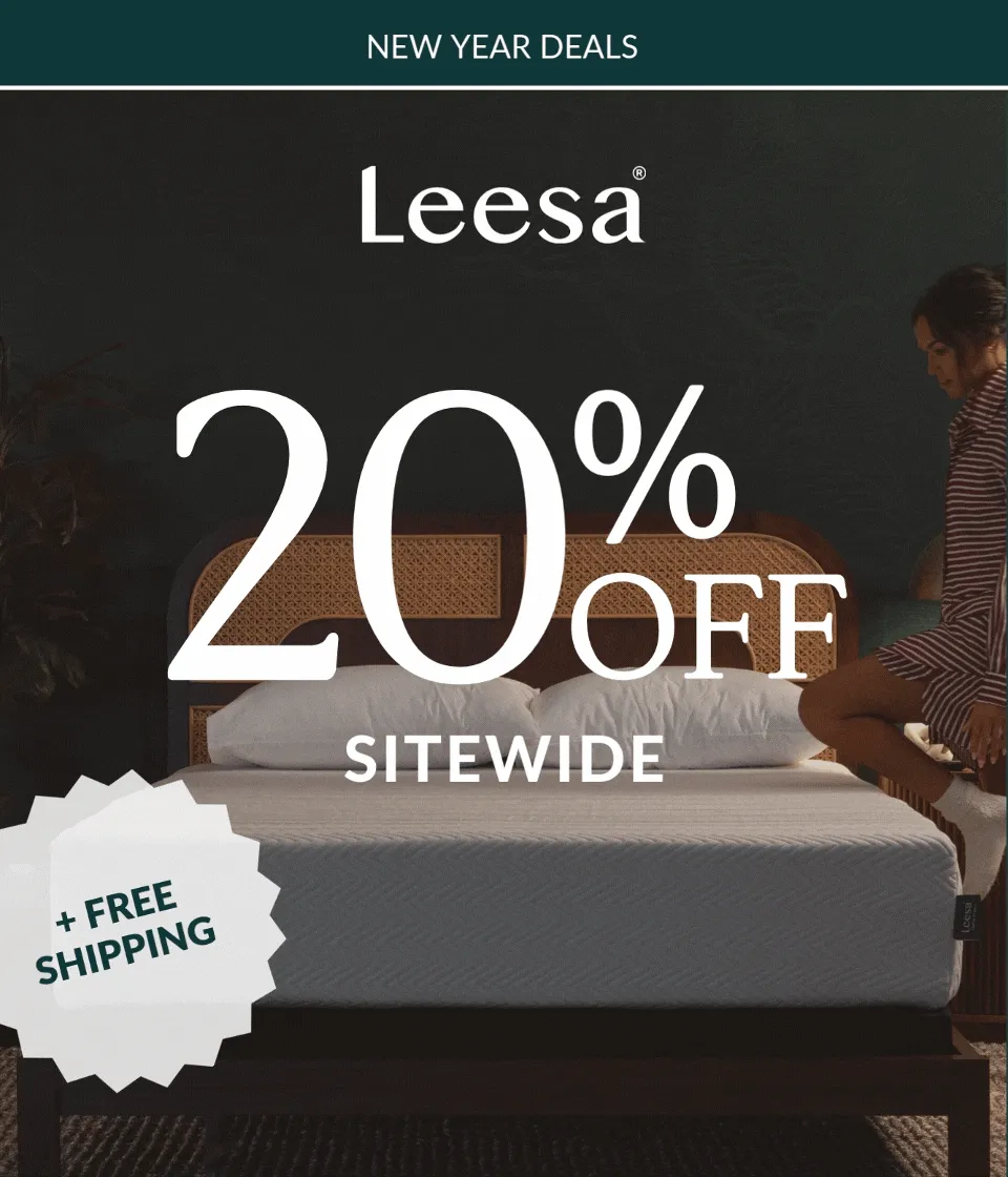 NEW YEAR SALE -- Leesa logo --20% OFF SITEWIDE -- + FREE SHIPPING