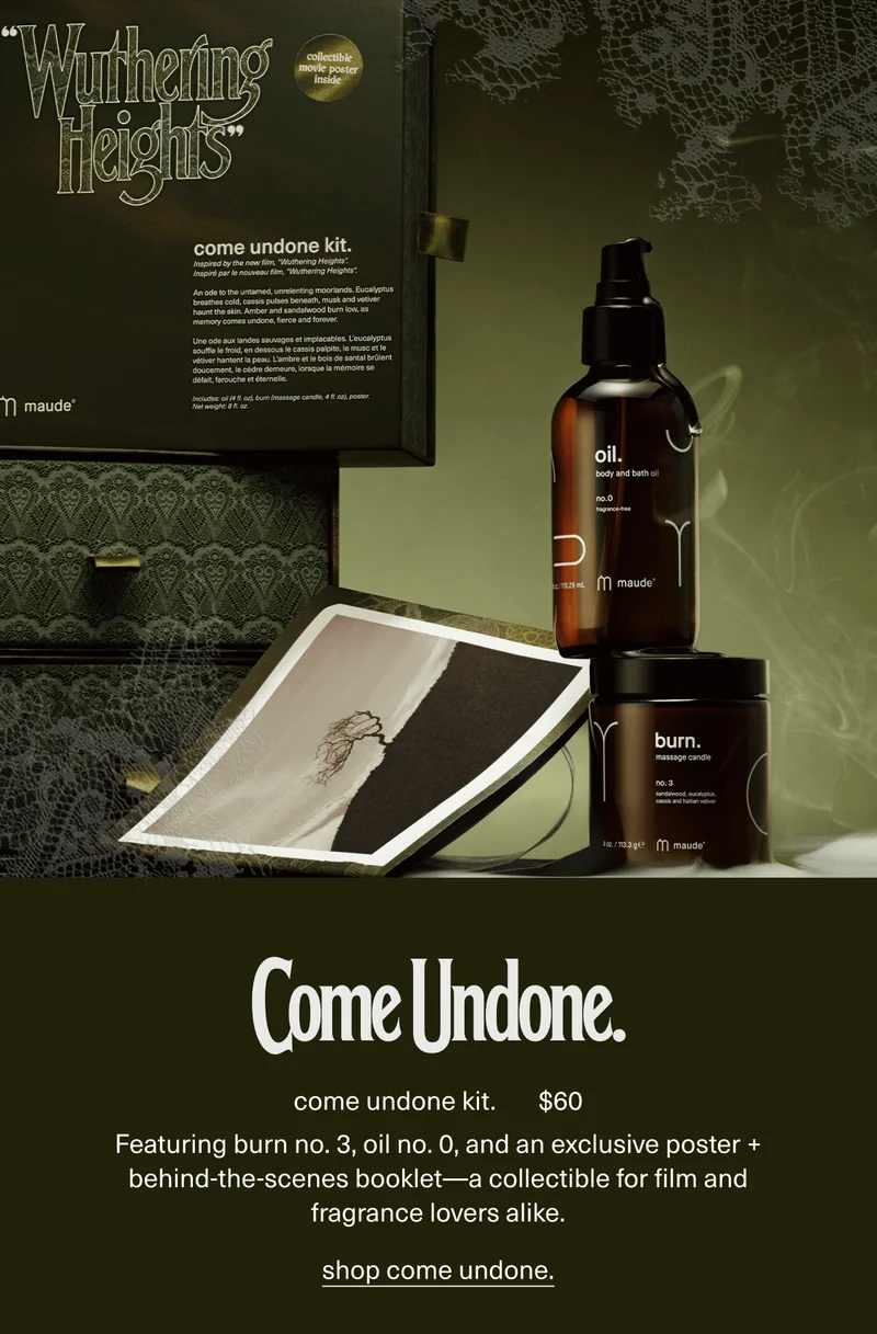 come undone kit. | $60 | Featuring burn no. 3, oil no. 0, and an exclusive poster + behind-the-scenes booklet—a collectible for film and fragrance lovers alike. | shop come undone.