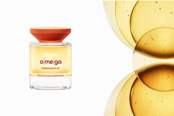 Dyson Omega hydrating hair oil next to a blend of oils.