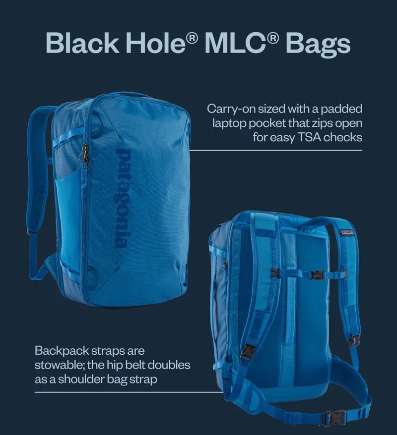 Black Hole MLC Bags are carry-on sized with a padded laptop pocket that zips open for easy TSA checks. The backpack straps are stowable, and the hip belt doubles as a shoulder bag strap.