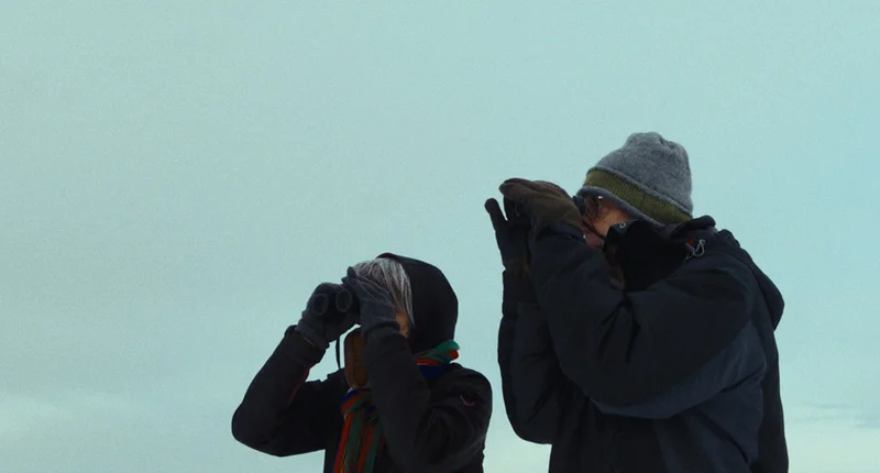 Two people looking through binoculars in cold weather.