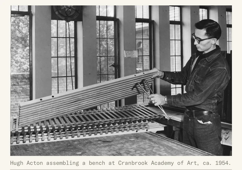 Hugh Acton assembling a bench at Cranbrook Academy of Art, circa 1954.