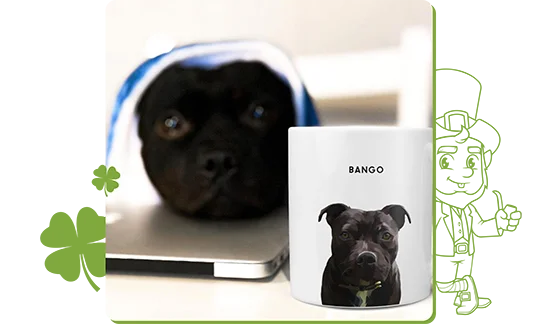 Customer photo of their dog next to their modern pet portrait mug