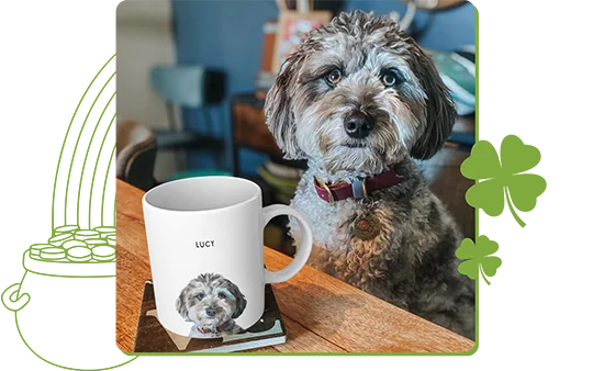 Customer photo of their dog next to their modern pet portrait mug