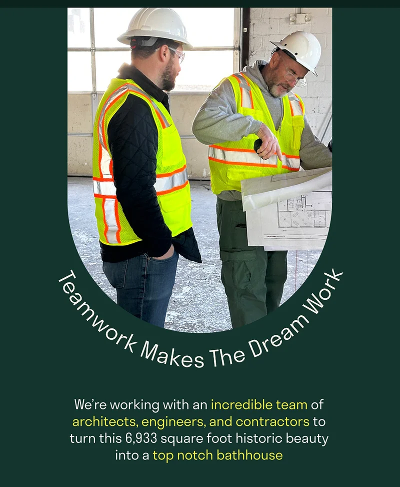 Teamwork Makes The Dream Work. We're working with an incredible team of architects, engineers, and contractors to turn this 6,933 square foot historic beauty into a top notch bathhouse.