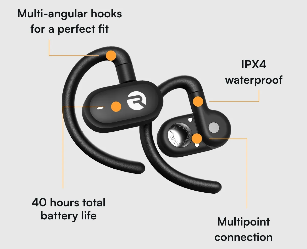 ✔️ Multi-angular hooks for a perfect fit ✔️ IPX4 waterproof ✔️ 40 hours total battery life ✔️ Multipoint connection
