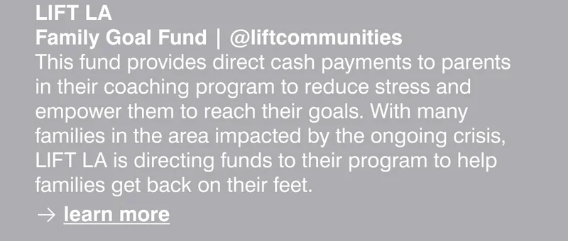 LIFT LA - Family Goal Fund | @liftcommunities This fund provides direct cash payments to parents in their coaching program to reduce stress and empower them to reach their goals. With many families in the area impacted by the ongoing crisis, LIFT LA is directing funds to their program to help families get back on their feet.