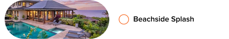 Oceanview villa with a large pool, sun loungers, and lush gardens at sunset.