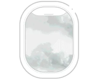 Montage view suggesting homes with pools in different destinations, seen through airplane window frame.