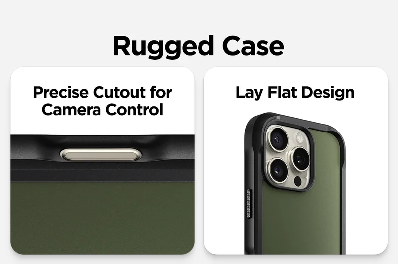 Rugged Case has a precise cutout for Camera Control, and a lay flat design