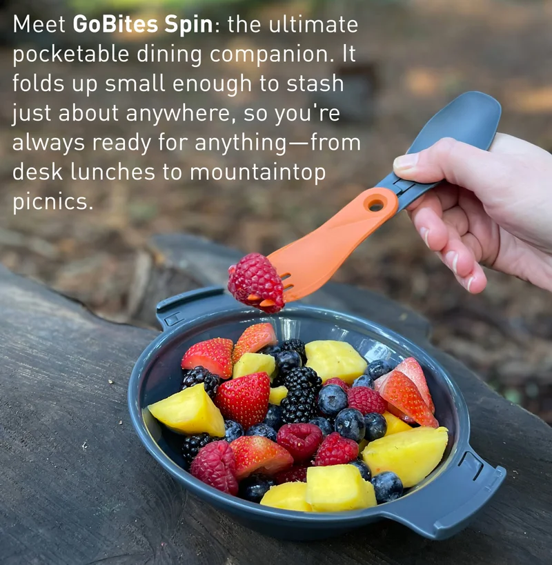 Mee gobites spin, the ultimate pocketable dining companion. It folds up small enough to stash just about anywhere, so you;re always ready for anything-from desk lunches to mountaintop picnics.