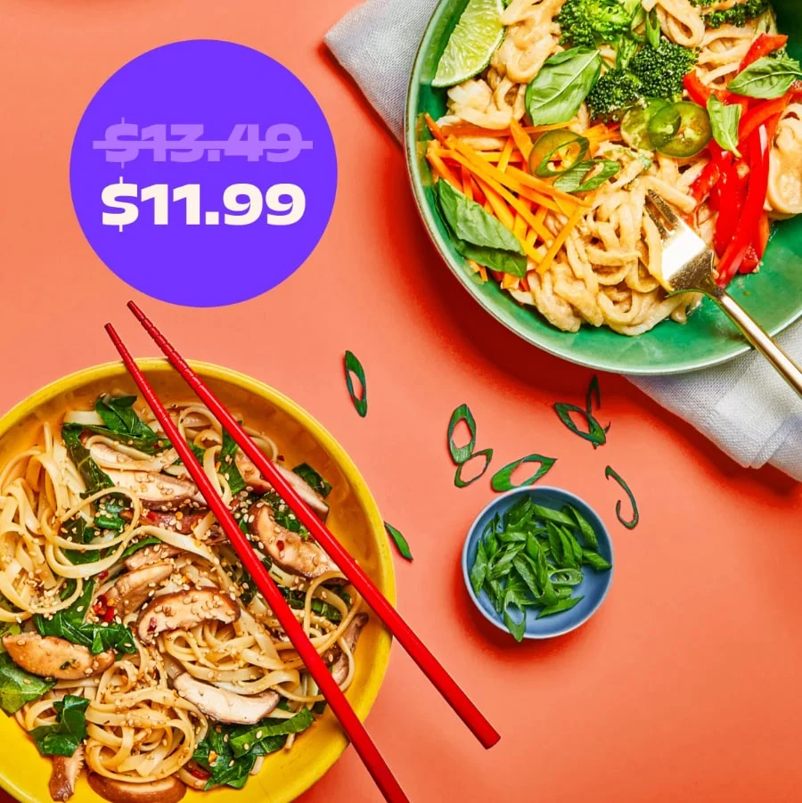 Several noodle bowls as seen from above with a pink background. A purple badge shows that noodles are normally $13.49, but are currently $11.99
