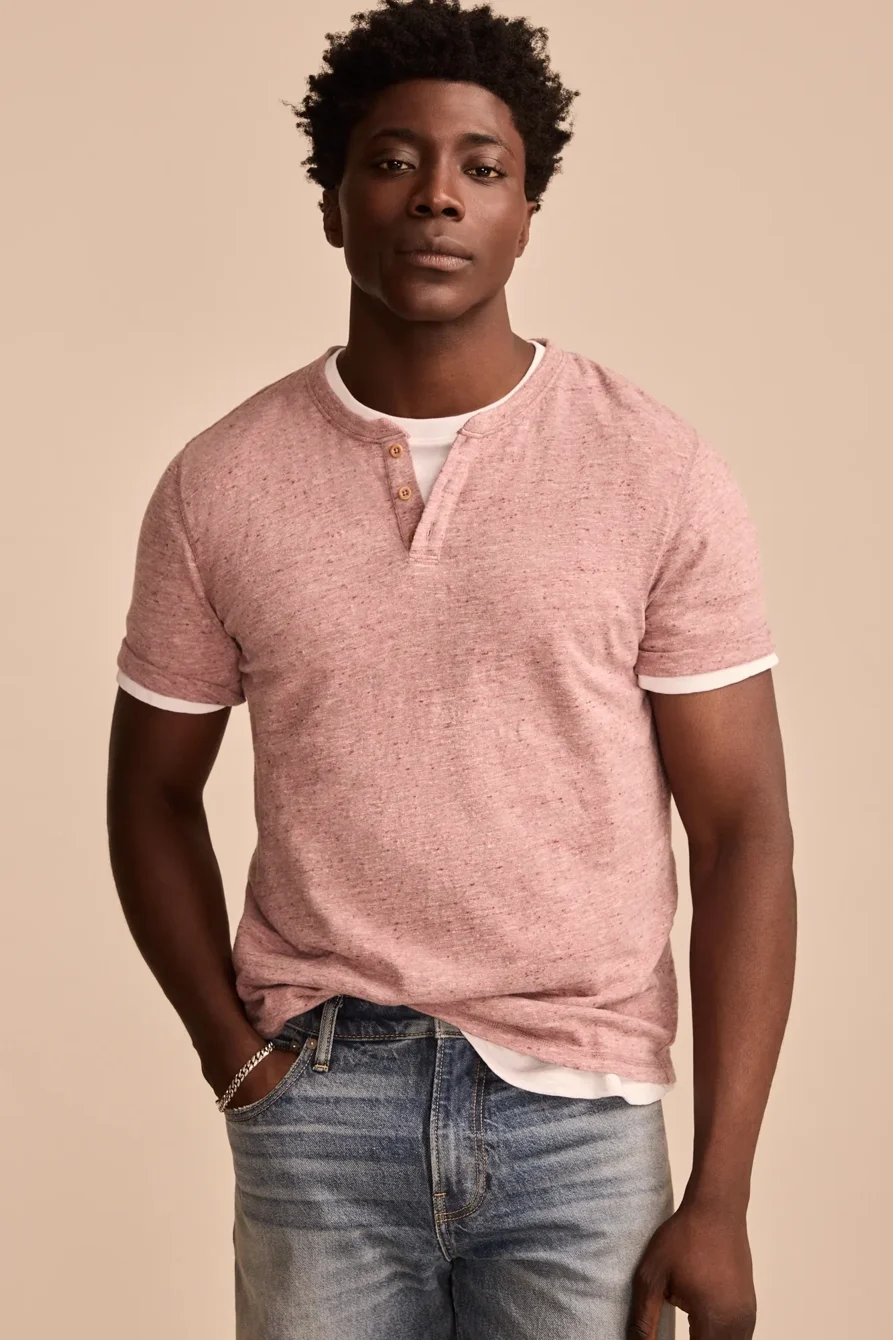 Image of Lucky Brand Linen Short Sleeve Henley - Men's Clothing Tops Tees Henley Shirt in Inkling