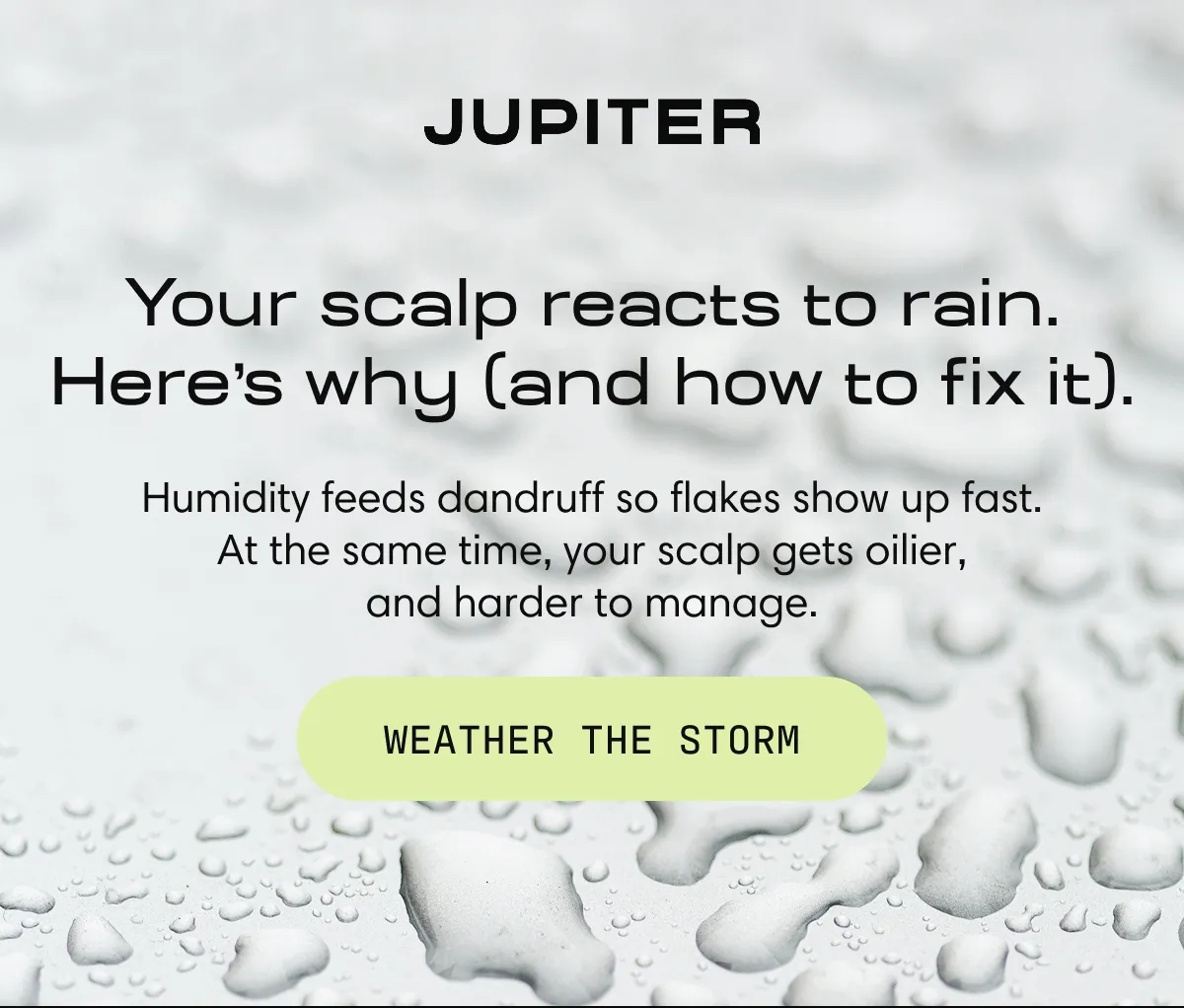 Jupiter | Your scalp reacts to rain. Here's why (and how to fix it). | Humidity feeds dandruff so flakes show up fast. At the same time, your scalp gets oilier, and harder to manage. | WEATHER THE STORM