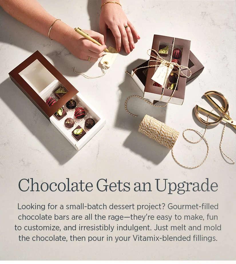 Looking for a small-batch dessert project? Gourmet-filled chocolate bars are all the rage- they're easy to make, fun to customize, and irresistibly indulgent. Just melt and mold the chocolate, then pour in your Vitamix-blended fillings.
