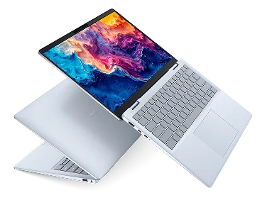 Two Dell 14 Plus Laptop computers arranged with one partially opened and the other floating in midair, fully opened above it.