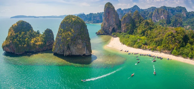 Aerial view of Maya Bay Paradise Beach from Krabi, Thailand.