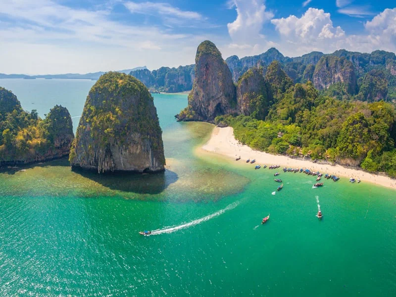 Aerial view of Maya Bay Paradise Beach from Krabi, Thailand.