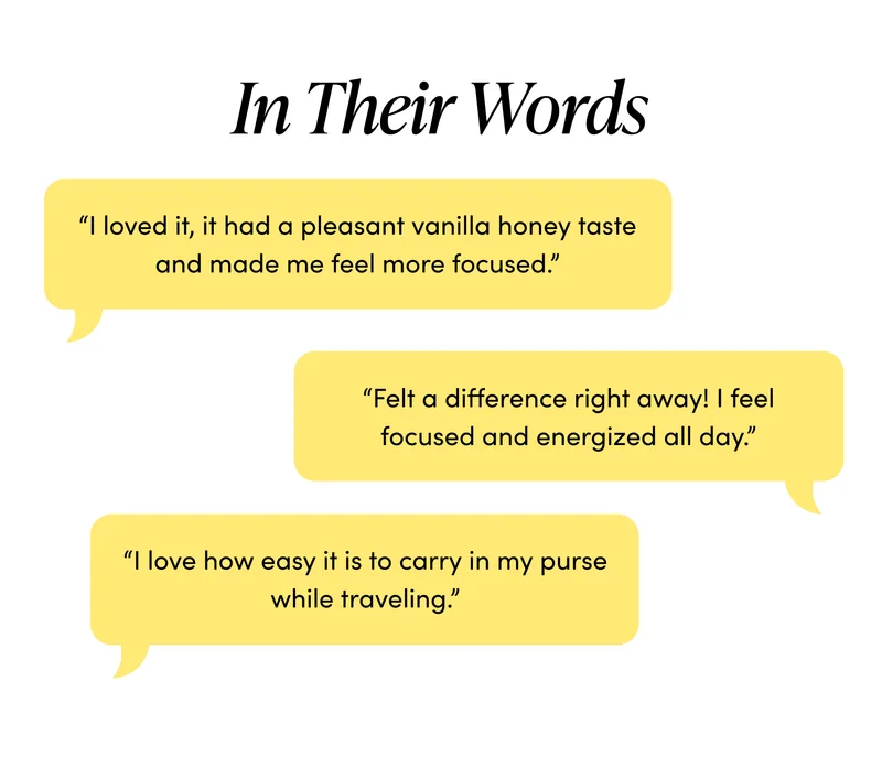 In Their Words “I loved it and felt a difference right away! I feel focused and energized all day.”  “I love how easy it is to carry in my purse while traveling.”  “I loved it, it had a pleasant vanilla honey taste and made me feel more focused.”