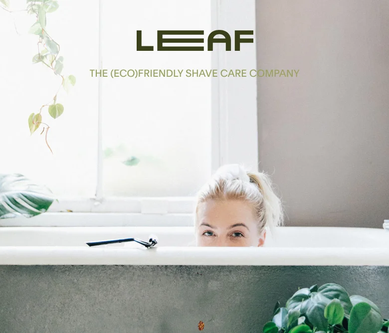 LEAF logo, the eco friendly shave company, three people in athletic wear holding leaf shave razors