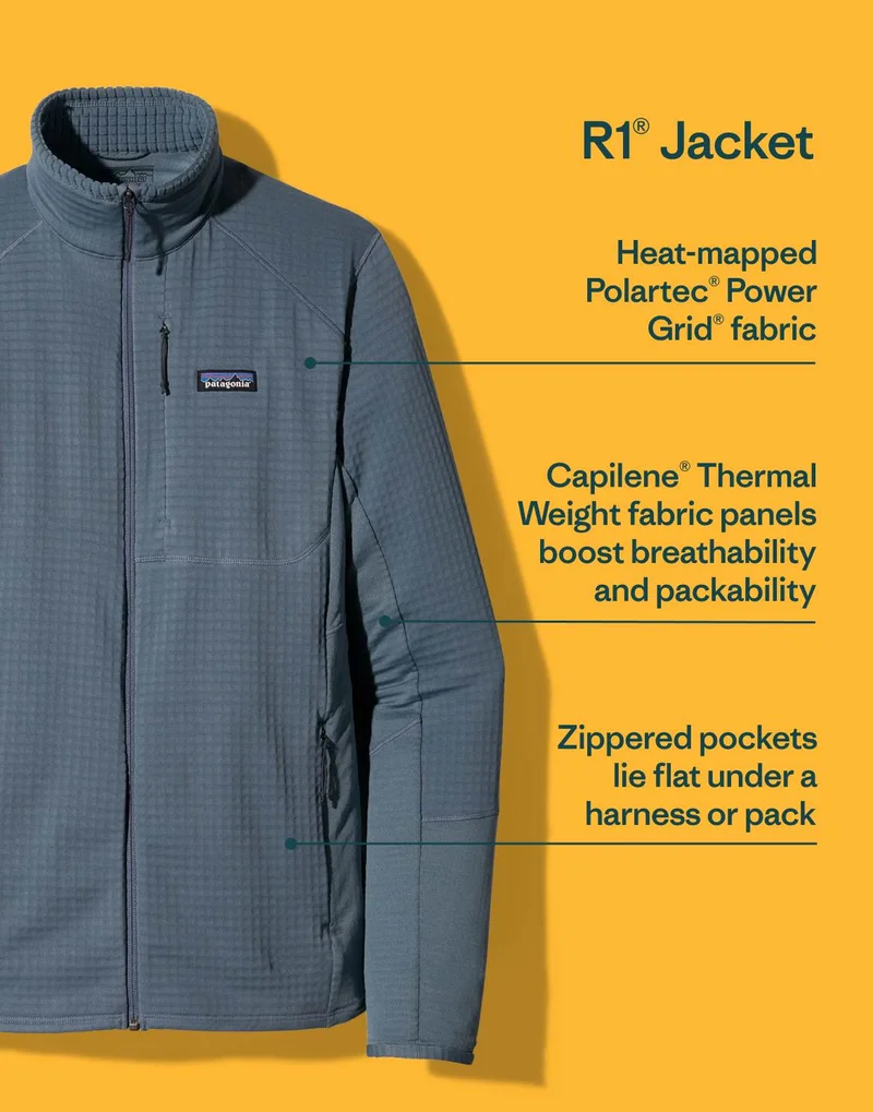 The R1 Jacket features Heat mapped Polartec Power Grid fabric, Capilene Thermal Weight panels that boost breathability and packability, and zippered pockets that lay flat under a harness or pack.